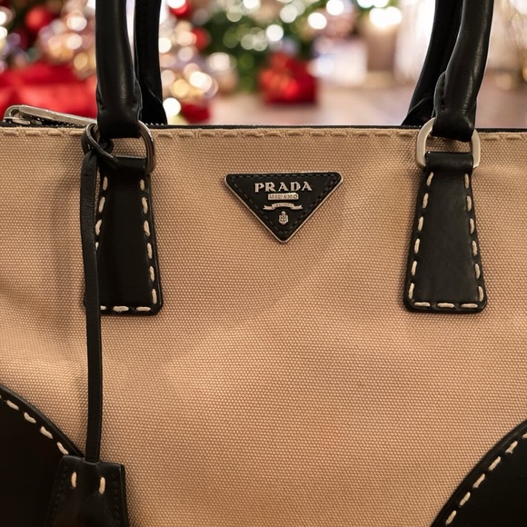PRADA City Stitched Beige Canvas Hand-Stitched Leather, Double Zipped Tote - Picture 4 of 17